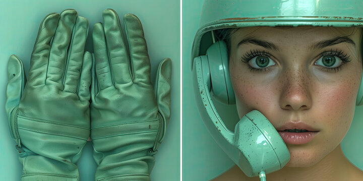 Imagen dividida en dos, color azul Tiffany, turquesa, un lado dos guantes de trabajo, al otro lado una cara operador teléfono llamando. Día mundial de la seguridad y salud en el trabajo, 28 Abril.