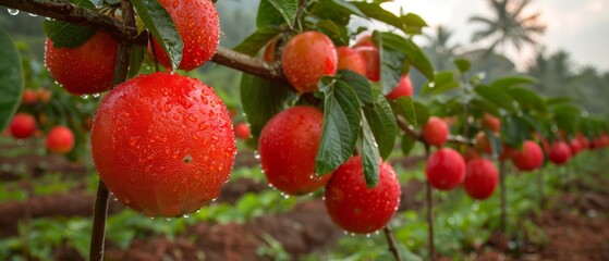 Obraz premium A lush green forest, adorned with an abundance of ripe red fruit hanging from the branches above