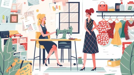 Collaborative fashion design session: caucasian designer crafting with blonde model, sewing machine in background