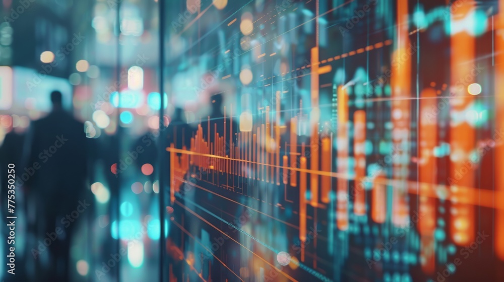 Poster dynamic financial data visualization: transparent screen displaying graphs with blurred human figure