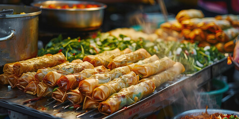 Asian street food. Traditional spring rolls