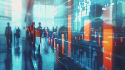 Dynamic financial data visualization: transparent screen displaying graphs with blurred human figures in background