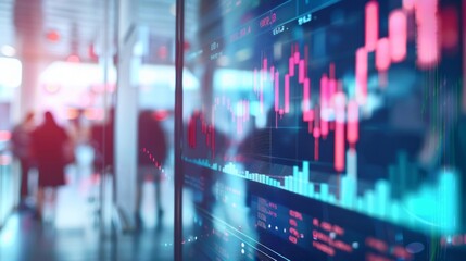Dynamic financial data visualization: transparent screen displaying graphs with blurred human figures in background