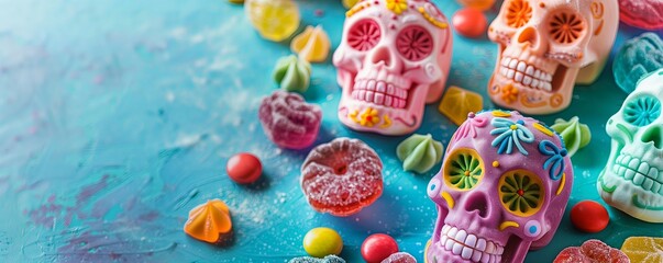 Colorful marzipan candy skulls and assorted sweets spread out on blue background