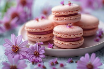 Plate of Pink Macaroons and Purple Flowers