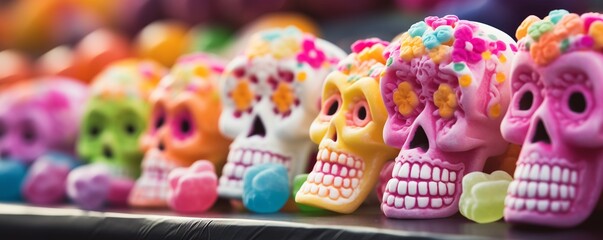 Colorful sugar skulls arranged in a row, representing Mexican Day of the Dead celebrations