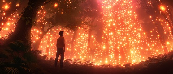   A man stands amidst a forest, surrounded by a myriad of fireflies illuminating the sky above him