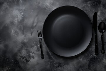 an empty black plate with cutlery on dark stone background, empty space for text