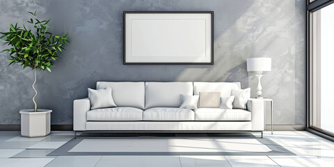 Modern Living Room Interior with White Sofa, Plant, and Blank Picture Frame