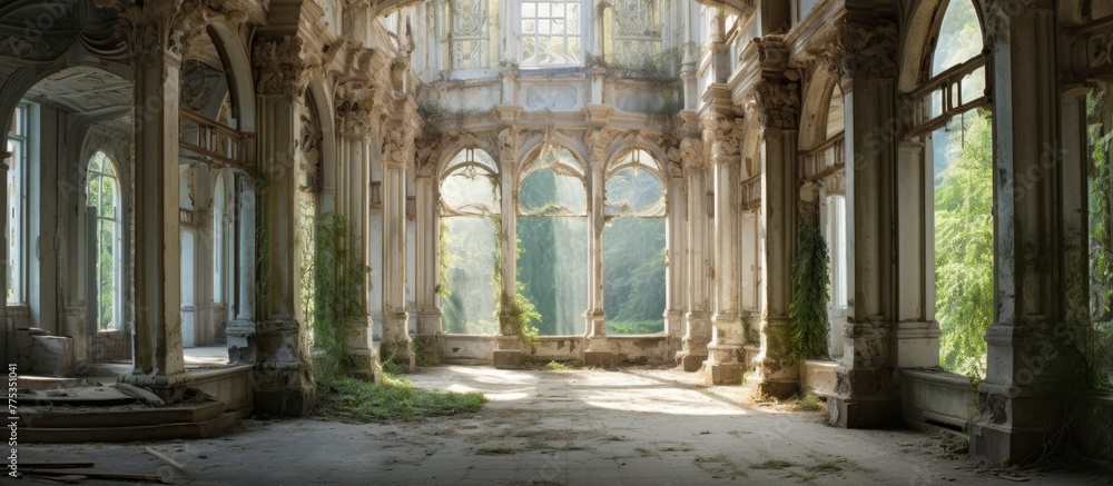 Poster a tall structure with numerous glass windows, overgrown with an array of lush plants and foliage