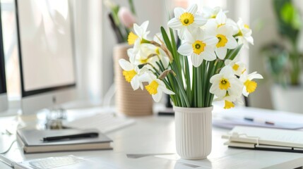 Cozy home office setup with white daffodils in vase, stylish workspace for bloggers with office supplies on light background - interior decor inspiration