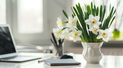 Cozy home office setup with white daffodils in vase, stylish workspace for bloggers with office supplies on light background - interior decor inspiration