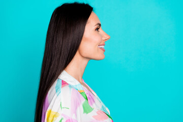 Profile photo of gorgeous lovely woman wear trendy stylish clothes look empty space isolated on...