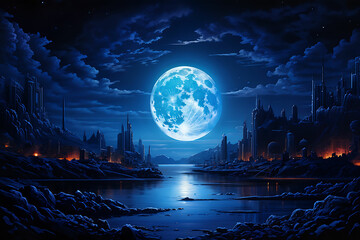 푸른달과 달이 비치는 호수_생성형AI