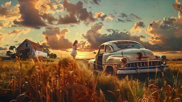 Young girl on a farm in a dress standing next to a decaying old car during a beautiful sunset in the Midwest