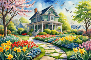 봄의 정원, 꽃나무와 꽃밭, 새가 날고 있는 집 풍경_생성형AI