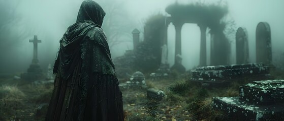 Mysterious figure in tattered cloak beckons towards decrepit graveyard evoking a chilling atmosphere of whispers and cold breath. Concept Dark Photography, Spooky Theme