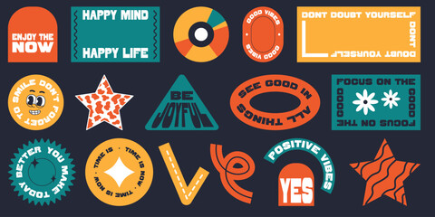 Set of stickers in y2k style. Positive and festive phrases and words.. - obrazy, fototapety, plakaty
