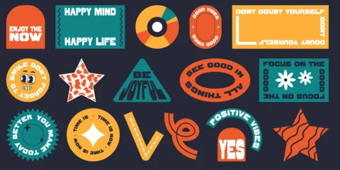 Outdoor kussens Set of stickers in y2k style. Positive and festive phrases and words.. © Anchous