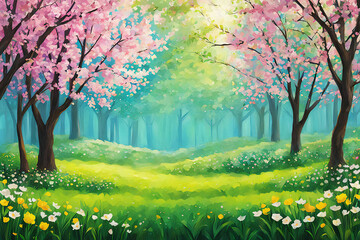 봄, 벚꽃나무와 풀밭_생성형AI