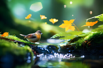 작은 파랑새와 시냇물이 흐르는 풍경, 꽃잎과 나뭇잎_생성형AI