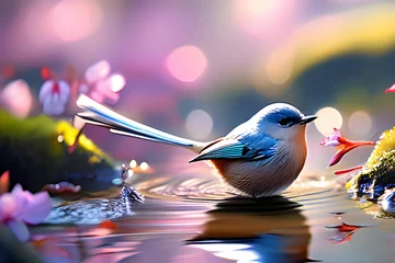 Foto op Plexiglas anti-reflex Lichtroze 작은 파랑새와 시냇물이 흐르는 풍경, 꽃잎과 나뭇잎_생성형AI