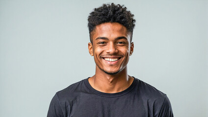 young man wearing a black t-shirt is smiling while looking at the camera on a clean white background