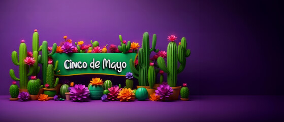 Cinco de Mayo Celebration Banner with Cacti and Colorful Flowers, Purple Background - Perfect for Web, Template Design with Copy Space