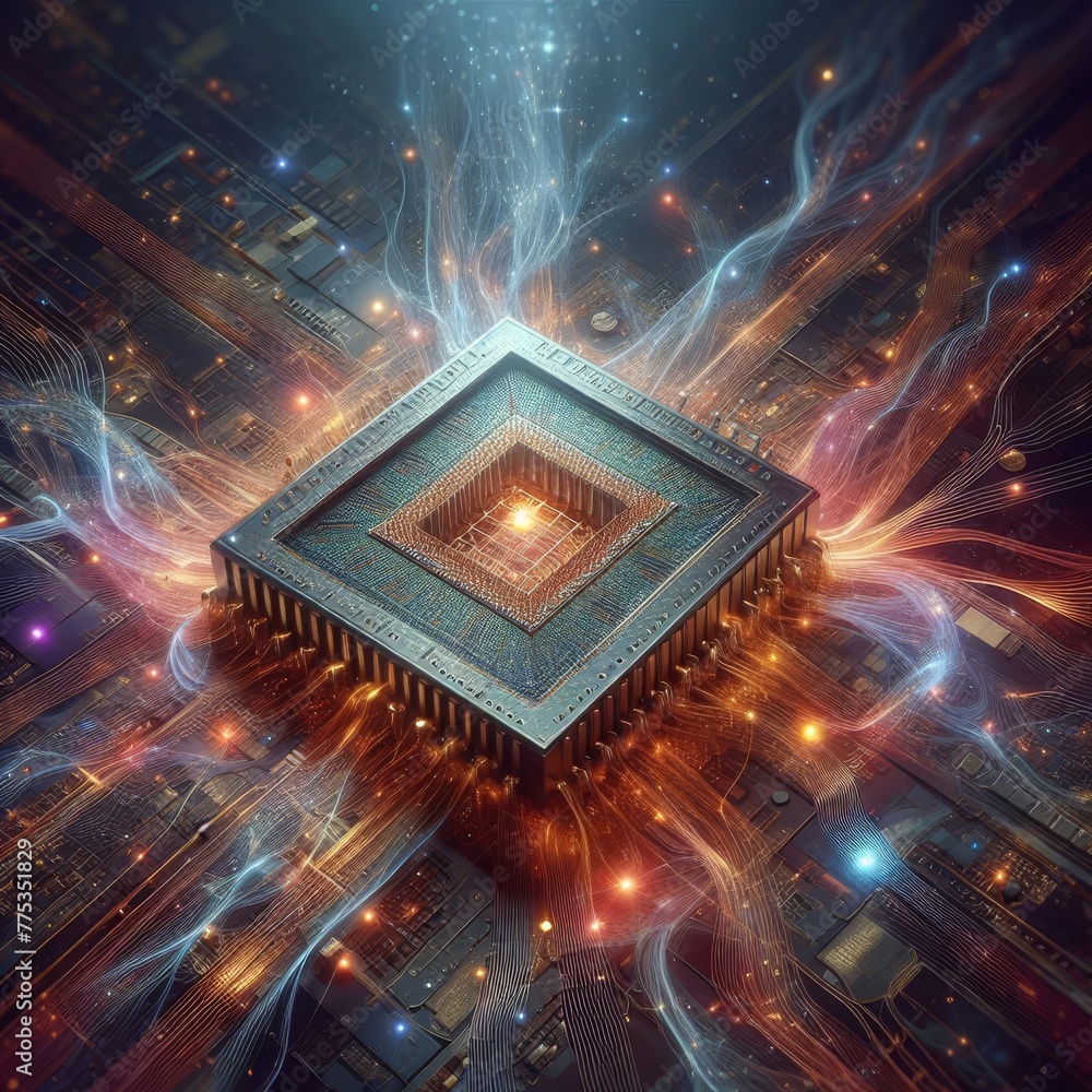 Poster a vibrant illustration of a powerful quantum processor with dynamic energy flow and glowing circuits