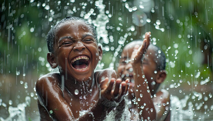 Two Children Laughing and Playing in the Rain