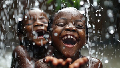 Two Children Laughing and Playing in the Rain - obrazy, fototapety, plakaty