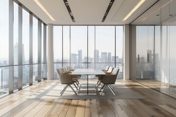 New meeting room interior with furniture and panoramic window with city view