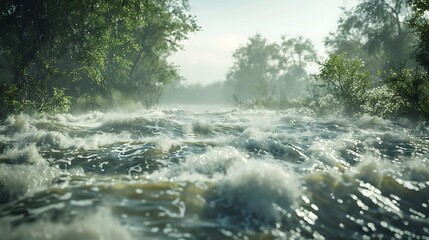 energy of a river in flood stage, overflowing its banks - obrazy, fototapety, plakaty
