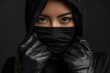 a woman wearing a black hood and gloves - Powered by Adobe