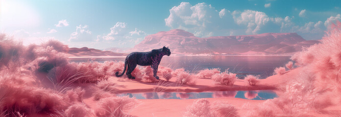 A panther on a lake, landscape  in the style of futuristic surrealism