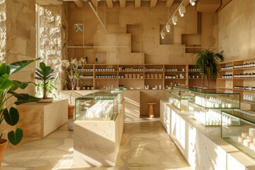 Minimalist Store Interior with Natural Wood, Plants, and Sunlight