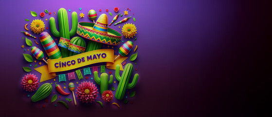 Vibrant Cinco de Mayo Festive Banner with Sombrero, Maracas, and Cacti - Ideal for Web Graphics, Marketing Materials, and Copy Space Templates