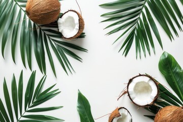 open coconuts with palm leaves on white background - obrazy, fototapety, plakaty