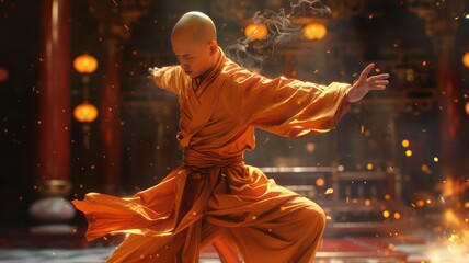 Buddhist monk making kung fu created with Generative AI
