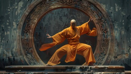 Buddhist monk making kung fu created with Generative AI
