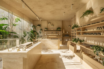 Minimalist Store Interior with Natural Wood, Plants, and Sunlight