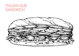 Italian sub sandwich sketch. Sandwich with lettuce, slices of fresh tomatoes, salami, hum and cheese. Hand drawn vector illustration.