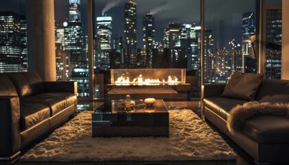 Luxury Apartment Living Room with Fireplace and City Skyline at Night