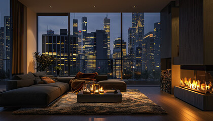 Luxury Apartment Living Room with Fireplace and City Skyline at Night