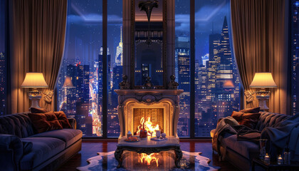 Luxury Apartment Living Room with Fireplace and City Skyline at Night