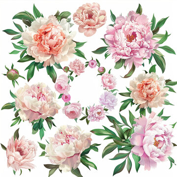 Beautiful clipart set featuring peonies bouquets, wreaths, and single flowers in soft pastel tones on a white background. Ideal for wedding invitations, greeting cards, and floral-themed designs