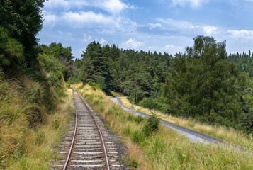 Voie ferrée parallèle à la route au milieu de la forêt dans le Puy de Dôme en Auvergne
