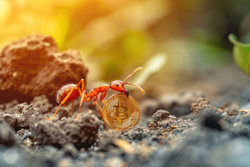 Ant Carrying Bitcoin on Rocky Surface