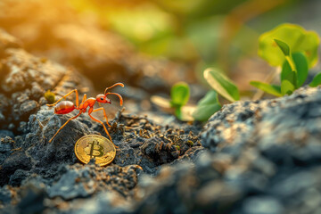 Ant Carrying Bitcoin on Rocky Surface