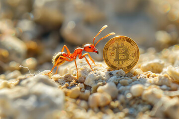 Ant Carrying Bitcoin on Rocky Surface